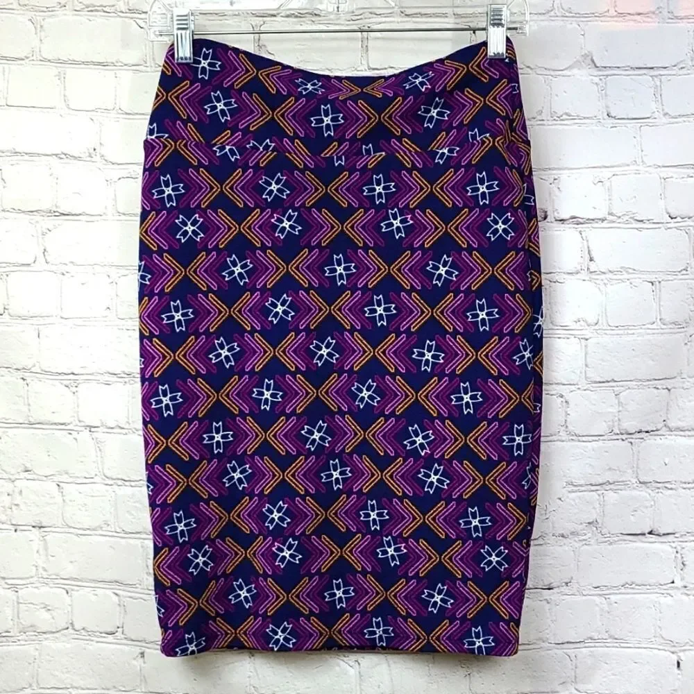 LuLaRoe Cassie XS Navy Geometric Arrow Chevron Pencil Skirt Pink Gold Stretch